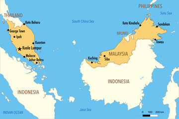 Obraz premium Vector Map of Malaysia with Major Cities and Neighboring Countries – Editable Illustration