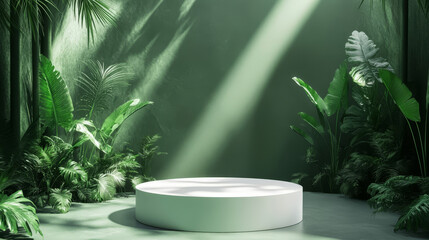 Minimalist green stage design featuring a white circular pedestal and natural leaf lighting for product display