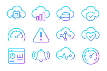Fototapeta premium Neon cloud and technology icons on digital futuristic background