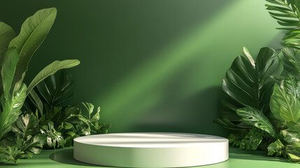 Minimalist green stage design featuring a white circular pedestal and natural leaf lighting for product display