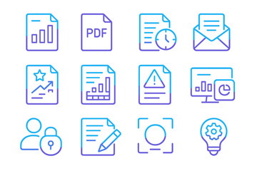 Neon icons of documents, charts, emails, and more on glowing background