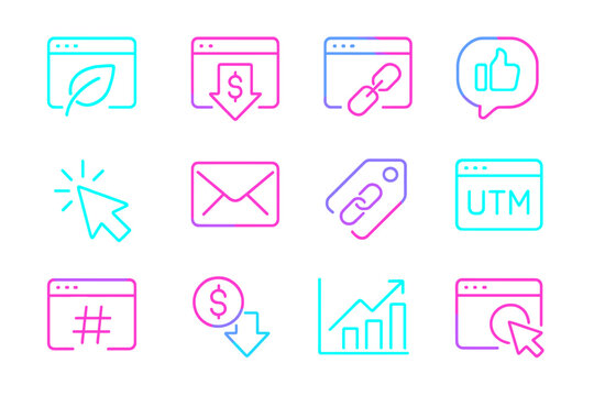 Neon icons representing digital marketing and online communication concepts