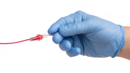 Doctor wearing blue nitrile glove holds feeding tube filled with blood, isolated on transparent background, providing visual aid for medical training and educational purposes