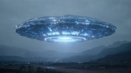 Obraz premium Futuristic UFO hovering above a landscape at dusk.
