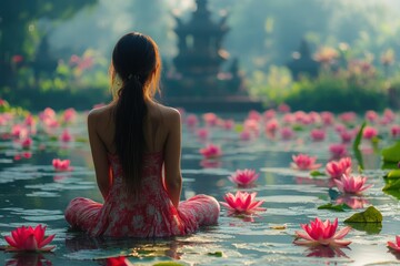 Woman sitting in tranquil water surrounded by blooming lotus flowers in a peaceful garden setting during early morning light