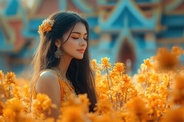 Woman sitting in tranquil water surrounded by blooming lotus flowers in a peaceful garden setting during early morning light