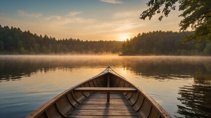 Fototapeta premium Tranquil scene of a canoe resting on a quiet lake near a dock, bathed in golden sunset light. Misty forest surrounds the water, evoking calm and solitude.