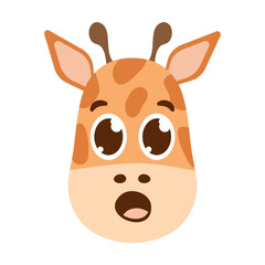 Funny surprised giraffe face with big eyes and open mouth. Exotic spotted animal head admires emoji style for avatars. Cartoon color image for kids. Flat design. Isolated. Vector illustration
