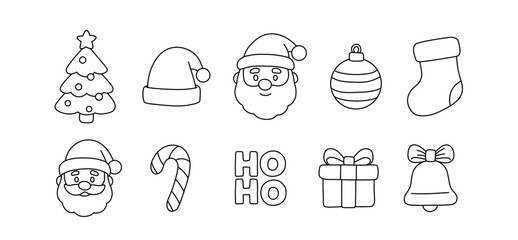 Whimsical Christmas vector icons featuring Santa, festive tree, and holiday gifts. Perfect for seasonal designs, digital greetings, and holiday projects.