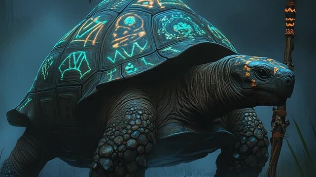 Majestic glowing turtle in a mystical forest, surrounded by ancient symbols and fog