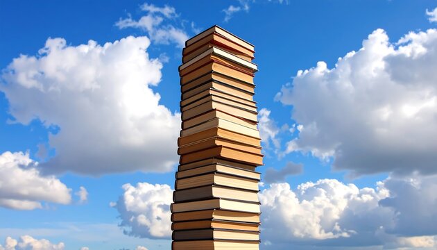 Towering book stack against a blue sky