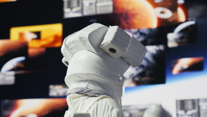 Space man on a cosmic journey mission surrounded by stars and the galaxy, showcasing surreal...