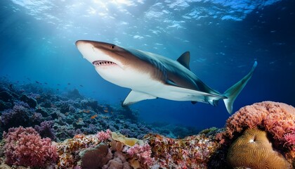Fototapeta premium realistic shark swimming underwater with open mouth in coral reef