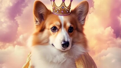 Regal corgi wearing a crown and cape, set against a dreamy pastel sky with clouds - Powered by Adobe