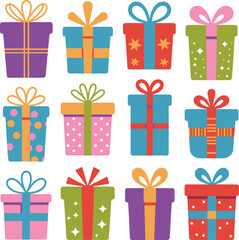 Colorful flat design gift boxes assortment for celebrating birthdays and special occasions with ribbons