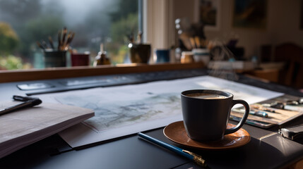 Art Director’s Desk with Warm Natural Light and Steaming Coffee