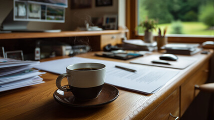 Art Director’s Desk with Warm Natural Light and Steaming Coffee