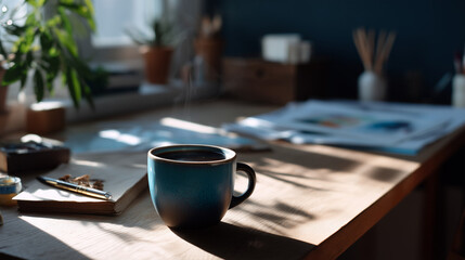 Art Director’s Desk with Warm Natural Light and Steaming Coffee