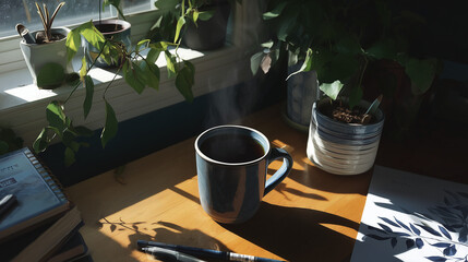 Art Director’s Desk with Warm Natural Light and Steaming Coffee