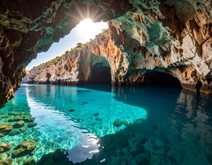Naklejka premium Sunlight streams into a serene sea cave