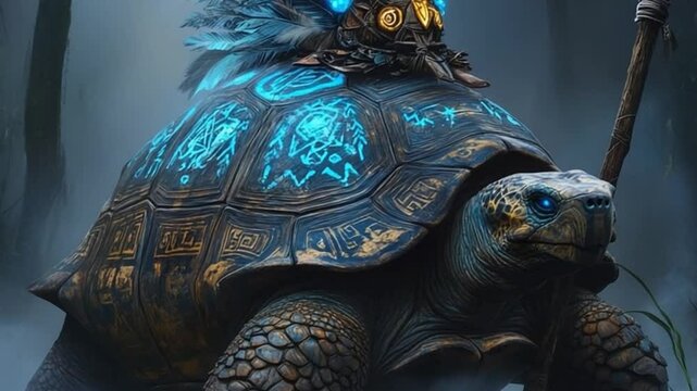 Enchanted turtle adorned with mystical symbols carries a wise figure through a foggy forest