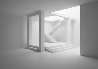 Minimalist white interior design with intersecting staircases