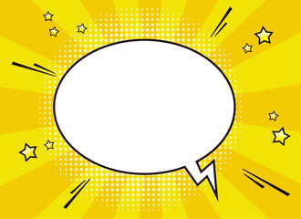 Blank comic speech bubble template for text in retro pop art style with halftone dots, stars, quotation marks and ray background. Vector illustration.