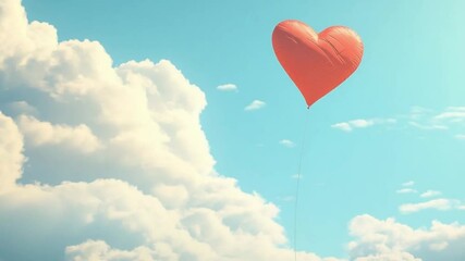 A vibrant red heart-shaped balloon floating against a bright blue sky with fluffy clouds - Powered by Adobe
