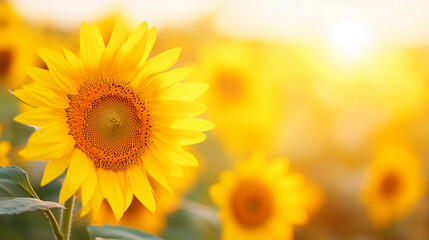 Obraz premium Bright yellow sunflower against golden bokeh background with warm sunlight. Summer flower and nature concept. Image for banner, poster, greeting card and seasonal advertising with copy space