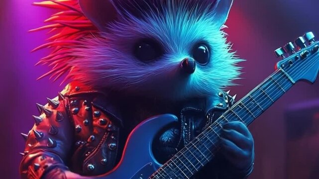 A stylized animal character with spiky hair plays an electric guitar on stage under colorful lights