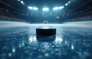 Hockey puck rests shiny rink under soft lights. Ice arena macro shot, frozen surface, winter competition. Minimal hockey gear photo. Empty arena, waiting for match. Sport, competition, ice hockey