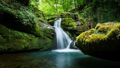 Obraz premium serene waterfall cascading down mossy rocks into a tranquil pool surrounded by lush green foliage
