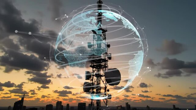 Telecom tower at dusk with animated digital globe and data flow over city