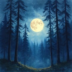 Watercolor painting of moonlit forest nightscape. Towering tree silhouettes stand against night sky. Illustration creates sense of wonder tranquility. Mystical atmosphere scenery, artwork. Full moon