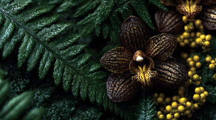 Orchid and Fern Leaves with Water Droplets