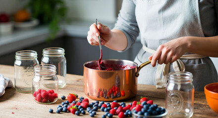 Close up of woman in apron cooking berry jam in copper pot with fresh strawberry and blueberry on kitchen counter. Homemade preserving and summer cooking concept. Image for food, lifestyle, banner