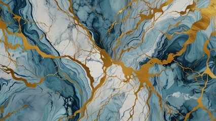 Soft Blue Marble Design with Fluid Veins and Metallic Gold Touches Background

