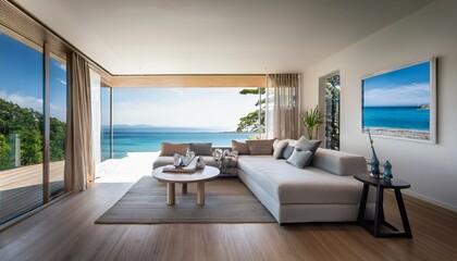 house view modern luxury beach living room with sea view