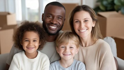 A happy multiethnic family unpacking in their new home - Powered by Adobe