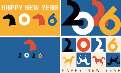 Geometric 2026 typography with horses. Colorful abstract New Year concept for greetings, posters, or digital celebrations.