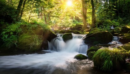 Fototapeta premium serene forest waterfall cascading over rocks sunlight filtering through leaves