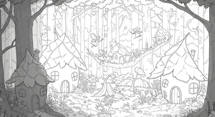 Fototapeta premium Whimsical Forest Village Illustration Enchanted Houses and Fairy Glade Line Art for Children's Story