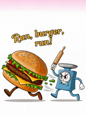 A humorous depiction of a burger being chased by an angry kitchen scale, evoking fun and creativity in food-related themes