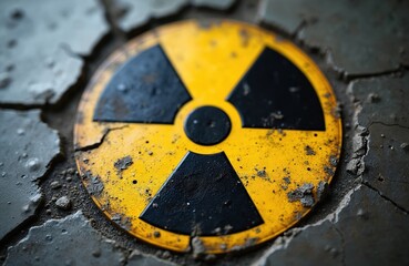 Weathered yellow radioactive hazard symbol. Black radiation warning sign, nuclear energy, danger, caution emblem. Environmental risk concept, hazardous waste management, nuclear power, industrial.
