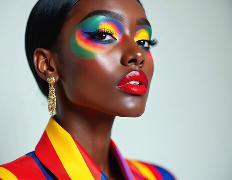 Stunning model vibrant artistic makeup, bold red lips, colorful striped outfit. Perfect for fashion editorials, beauty campaigns, makeup tutorials. Modern chic glamour. - Powered by Adobe