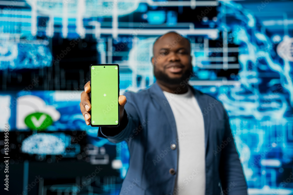 Poster black businessman using advanced technology and green screen on phone, exploring data science, autom