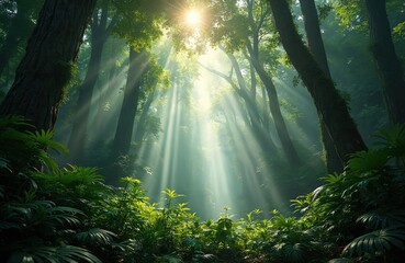 Obraz premium Rich rainforest canopy with sunlight filtering through. Green vibrant tropical plants and tall trees. Sunlight rays in dense forest. Natural beautiful background. Ideal for eco and travel projects.
