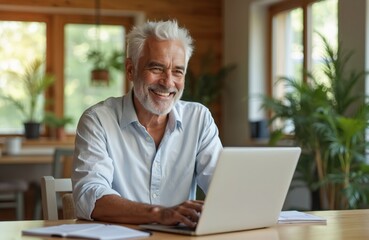 Fototapeta premium Happy senior African American man uses laptop check finances, manage budget at home. Smiling, retired male browse, shop online. Elderly, connected to modern tech. Home interior background.