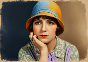 A portrait of a young woman from the 1920s wearing a blue and yellow cloche hat and resting her chin on her hand