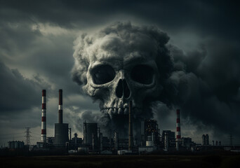 A surreal and grim image depicting a large skull formed from smoke billowing from industrial chimneys